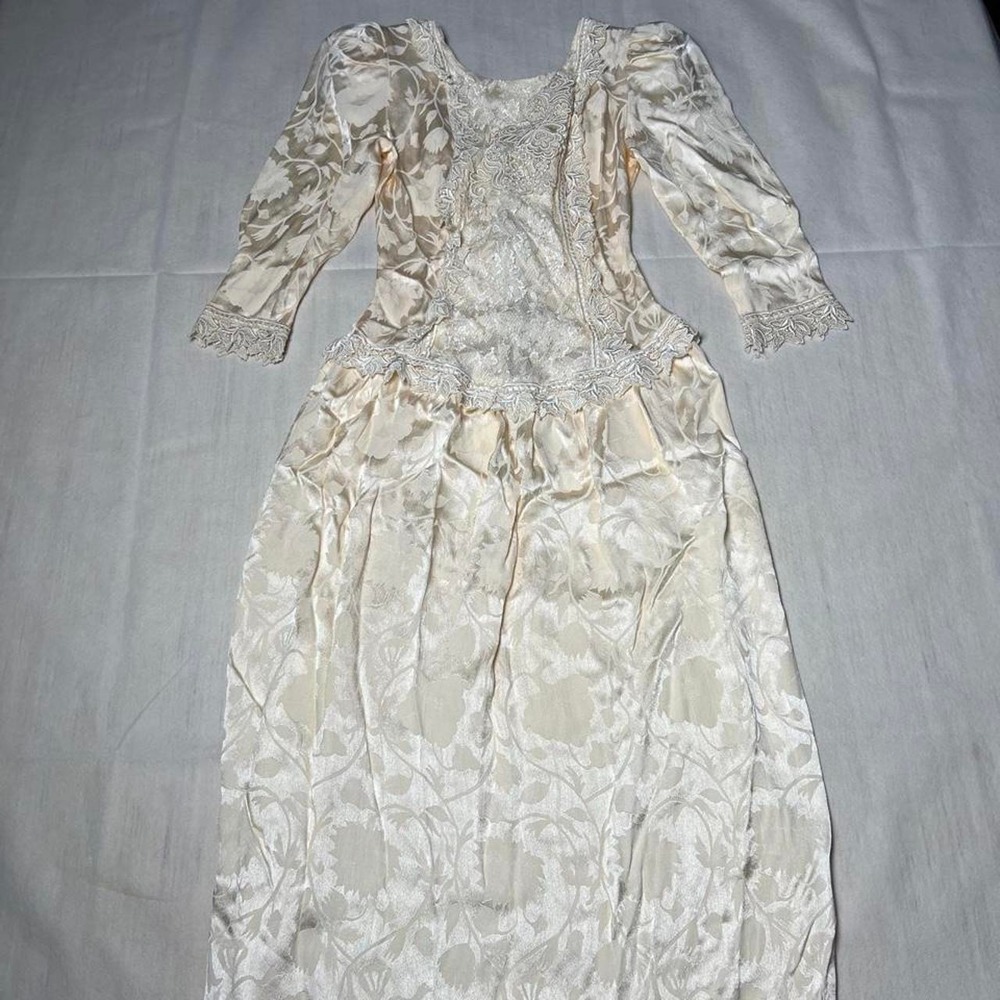 Cachet by Bari Protas cream satin dress with floral and lace trim